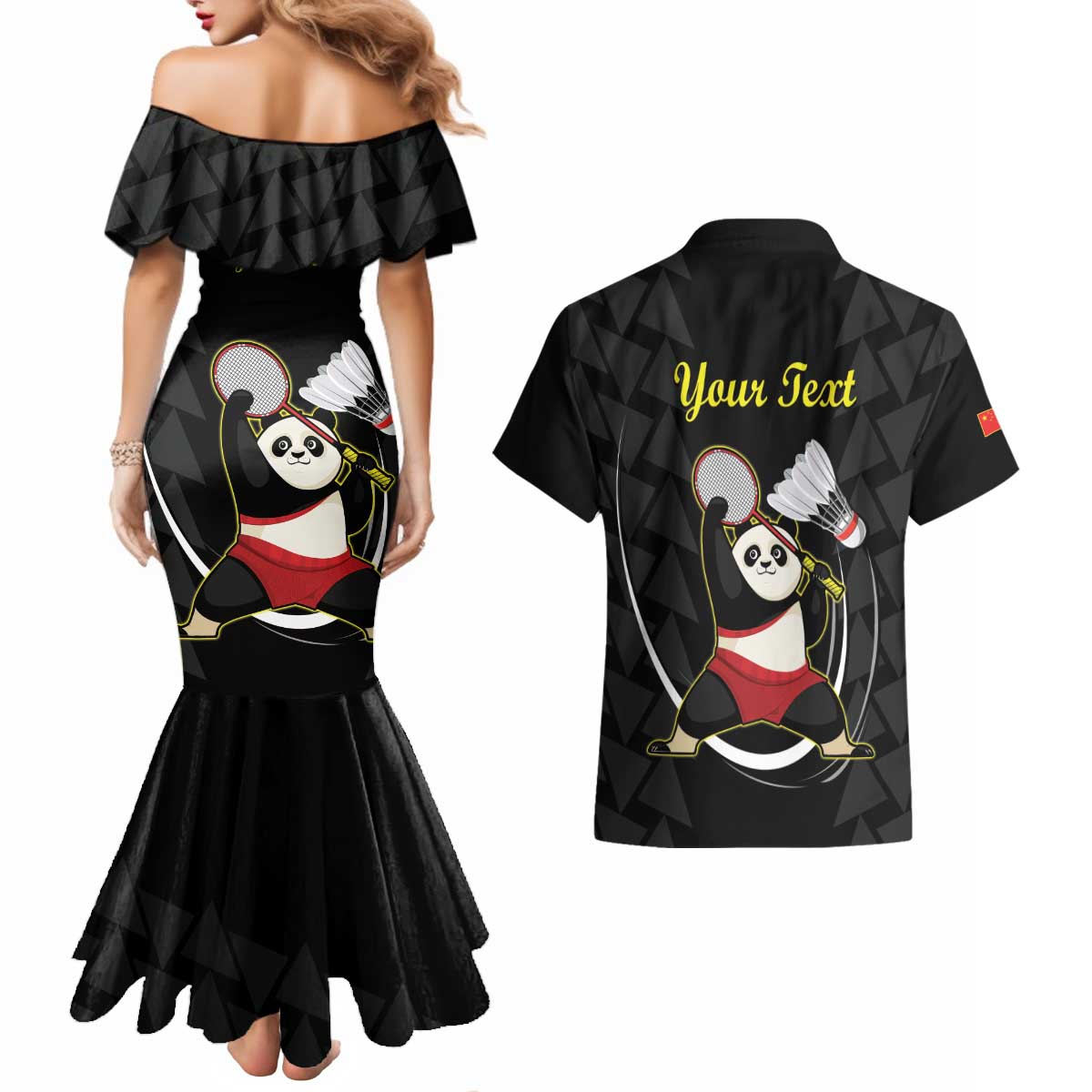Personalised China Badminton Couples Matching Mermaid Dress and Hawaiian Shirt 2024 Chinese Cute Panda Black Version - Wonder Print Shop