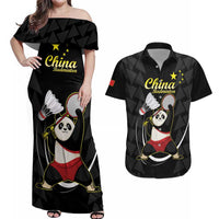 Personalised China Badminton Couples Matching Off Shoulder Maxi Dress and Hawaiian Shirt 2024 Chinese Cute Panda Black Version - Wonder Print Shop