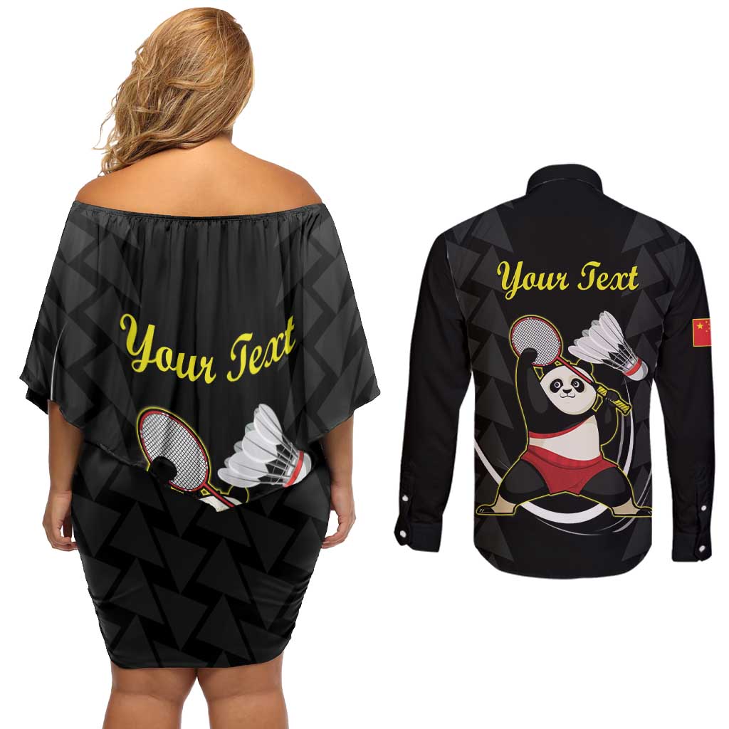 Personalised China Badminton Couples Matching Off Shoulder Short Dress and Long Sleeve Button Shirt 2024 Chinese Cute Panda Black Version - Wonder Print Shop