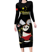 Personalised China Badminton Family Matching Long Sleeve Bodycon Dress and Hawaiian Shirt 2024 Chinese Cute Panda Black Version - Wonder Print Shop