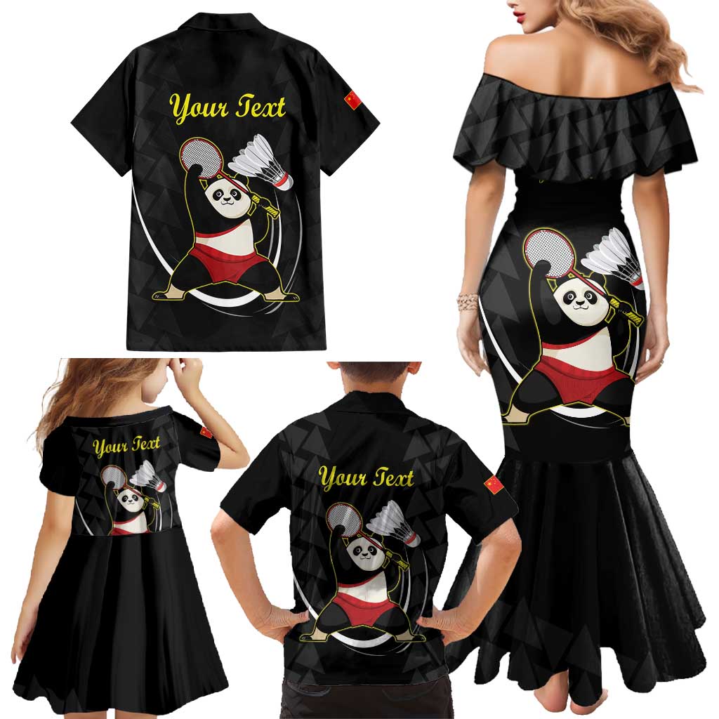 Personalised China Badminton Family Matching Mermaid Dress and Hawaiian Shirt 2024 Chinese Cute Panda Black Version - Wonder Print Shop