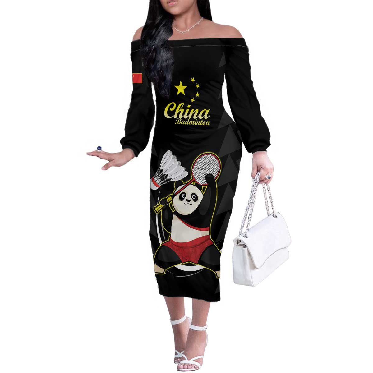 Personalised China Badminton Family Matching Off The Shoulder Long Sleeve Dress and Hawaiian Shirt 2024 Chinese Cute Panda Black Version - Wonder Print Shop