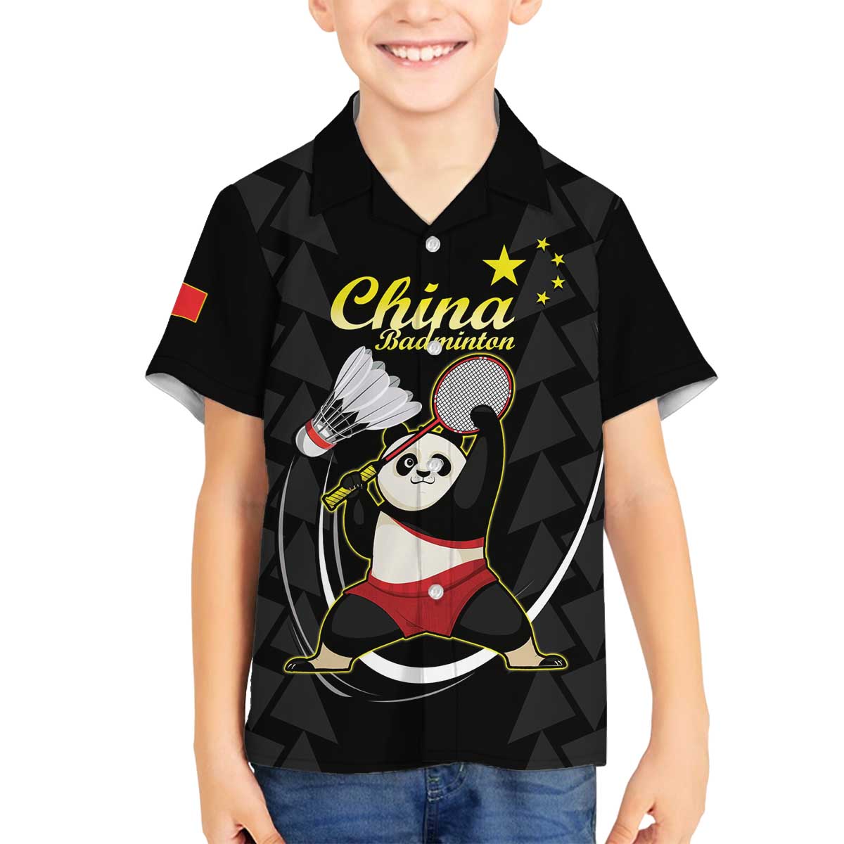 Personalised China Badminton Family Matching Off The Shoulder Long Sleeve Dress and Hawaiian Shirt 2024 Chinese Cute Panda Black Version - Wonder Print Shop