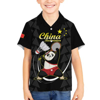 Personalised China Badminton Family Matching Off The Shoulder Long Sleeve Dress and Hawaiian Shirt 2024 Chinese Cute Panda Black Version - Wonder Print Shop