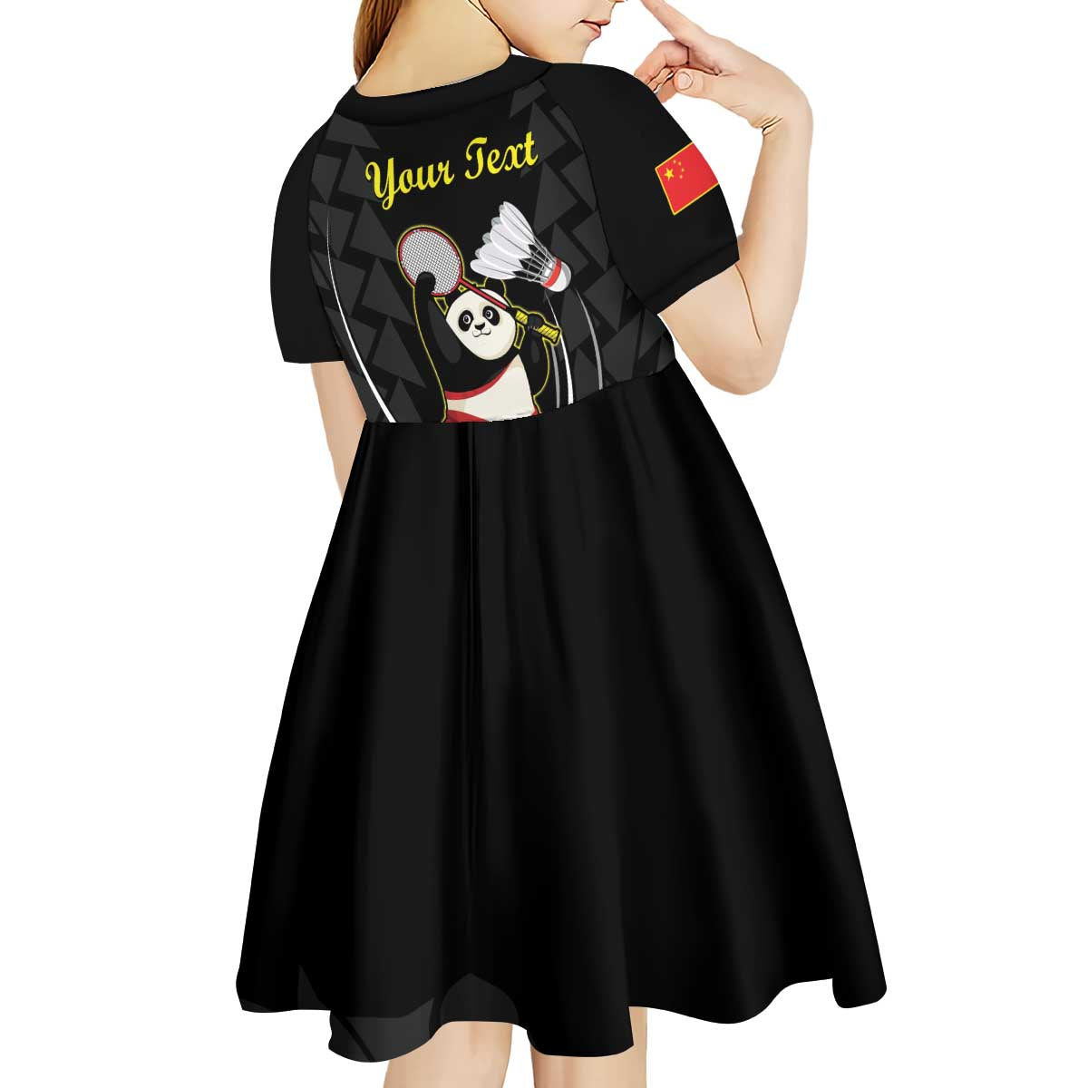 Personalised China Badminton Kid Short Sleeve Dress 2024 Chinese Cute Panda Black Version - Wonder Print Shop