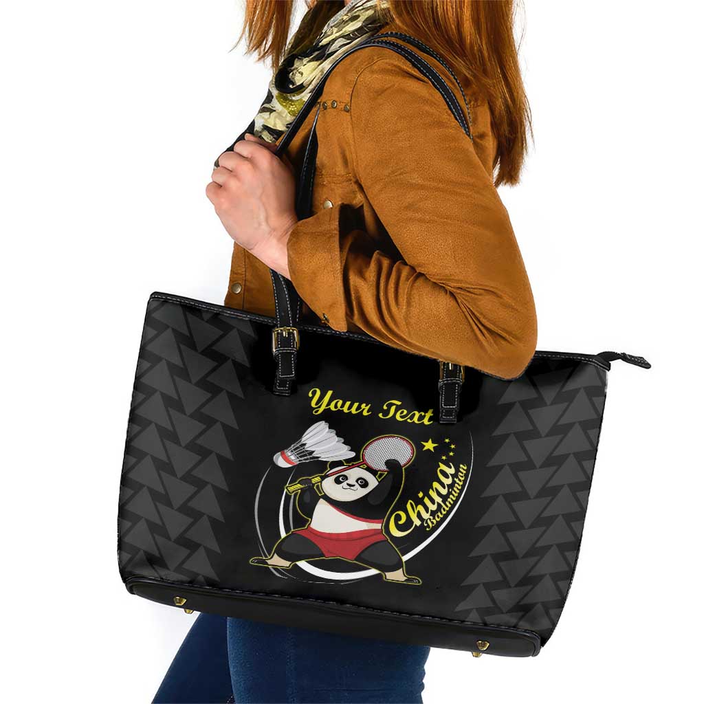 Personalised China Badminton Leather Tote Bag 2024 Chinese Cute Panda Black Version - Wonder Print Shop