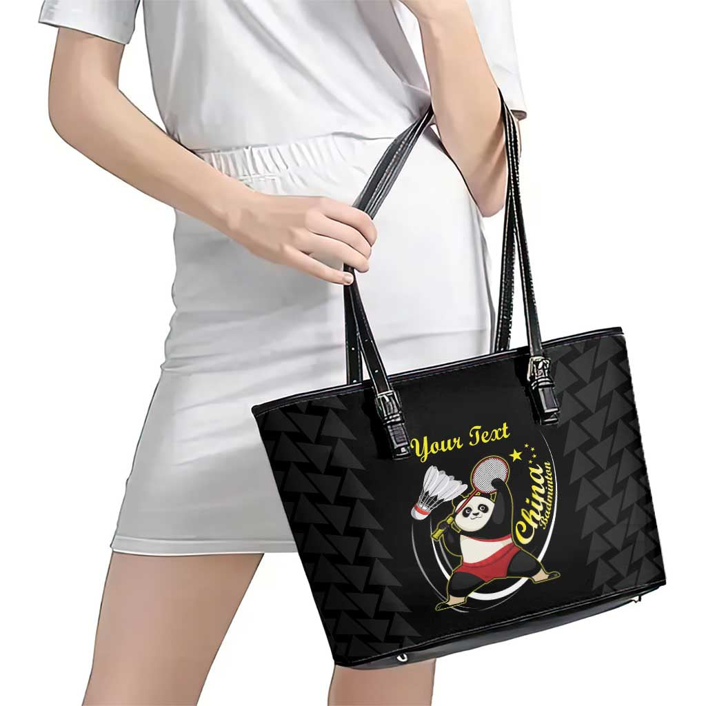 Personalised China Badminton Leather Tote Bag 2024 Chinese Cute Panda Black Version - Wonder Print Shop