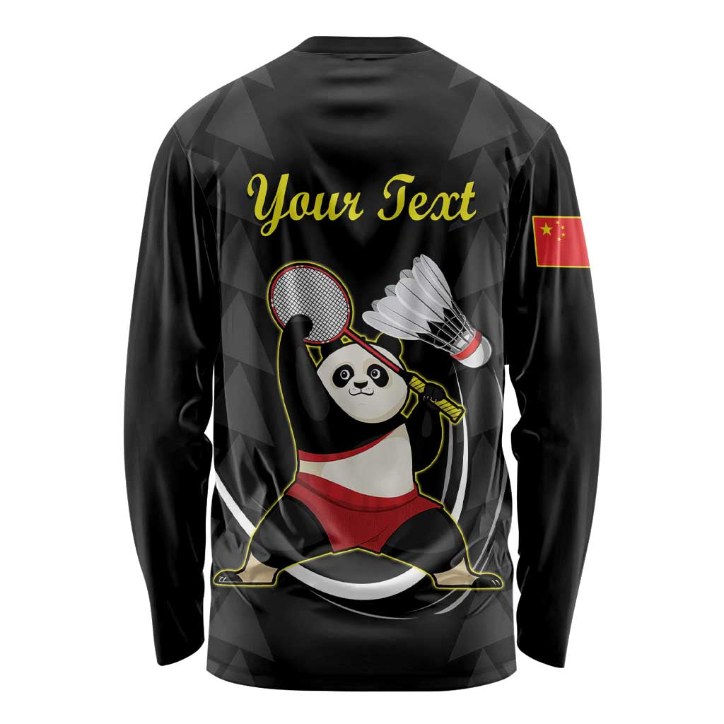Personalised China Badminton Long Sleeve Shirt 2024 Chinese Cute Panda Black Version - Wonder Print Shop
