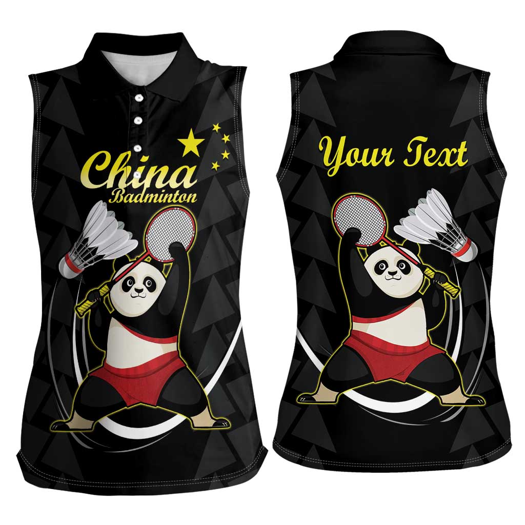 Personalised China Badminton Women Sleeveless Polo Shirt 2024 Chinese Cute Panda Black Version - Wonder Print Shop
