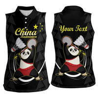 Personalised China Badminton Women Sleeveless Polo Shirt 2024 Chinese Cute Panda Black Version - Wonder Print Shop