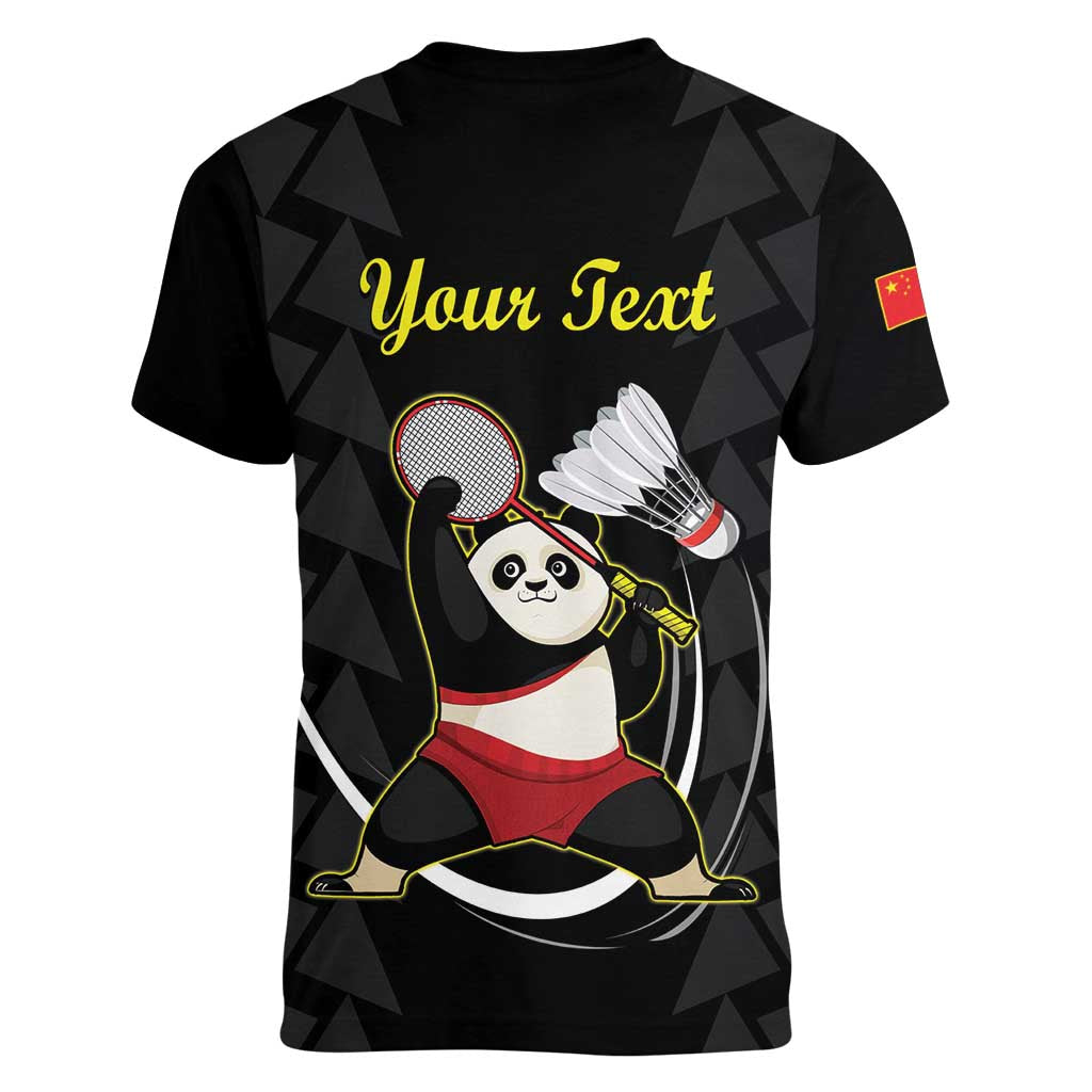 Personalised China Badminton Women V-Neck T-Shirt 2024 Chinese Cute Panda Black Version - Wonder Print Shop