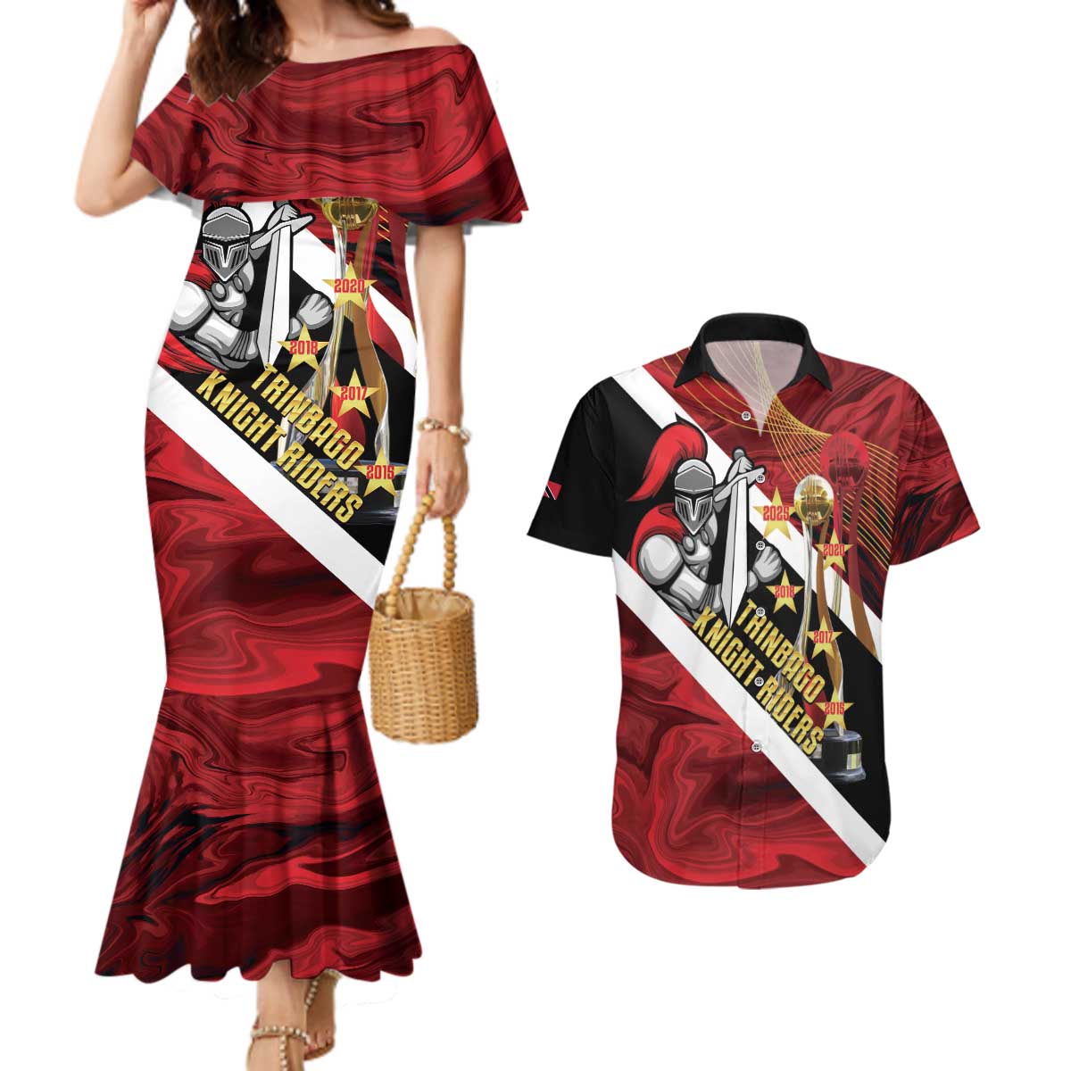 Trinidad and Tobago Cricket Personalized Couples Matching Mermaid Dress and Hawaiian Shirt Trinbago Knight Riders Champions Trophy - Wonder Print Shop
