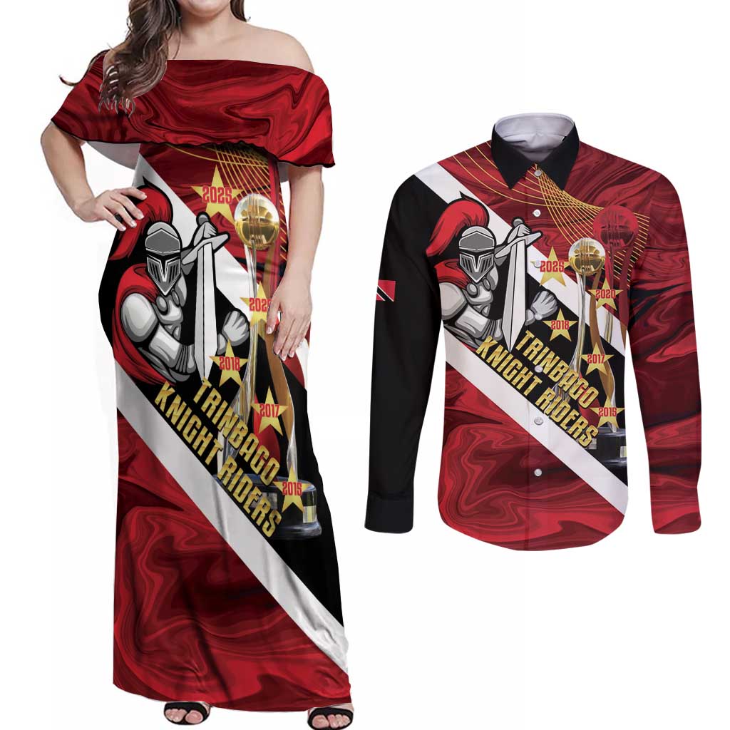 Trinidad and Tobago Cricket Personalized Couples Matching Off Shoulder Maxi Dress and Long Sleeve Button Shirt Trinbago Knight Riders Champions Trophy - Wonder Print Shop