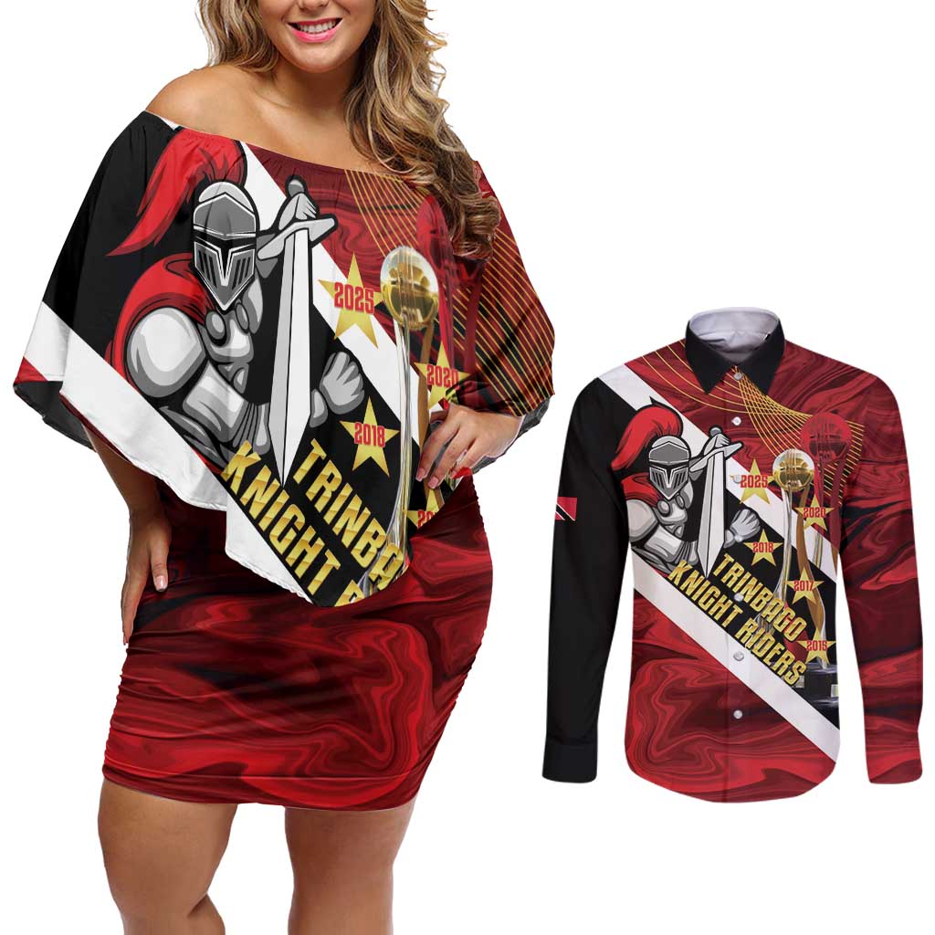 Trinidad and Tobago Cricket Personalized Couples Matching Off Shoulder Short Dress and Long Sleeve Button Shirt Trinbago Knight Riders Champions Trophy - Wonder Print Shop