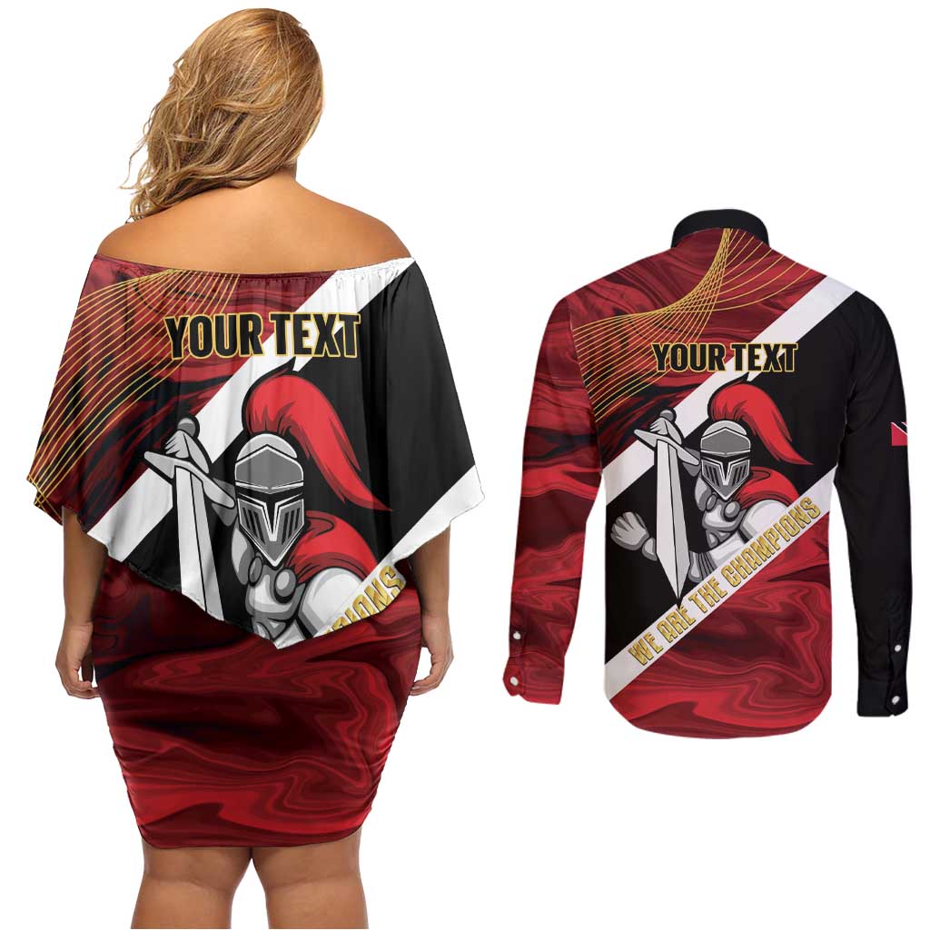 Trinidad and Tobago Cricket Personalized Couples Matching Off Shoulder Short Dress and Long Sleeve Button Shirt Trinbago Knight Riders Champions Trophy - Wonder Print Shop