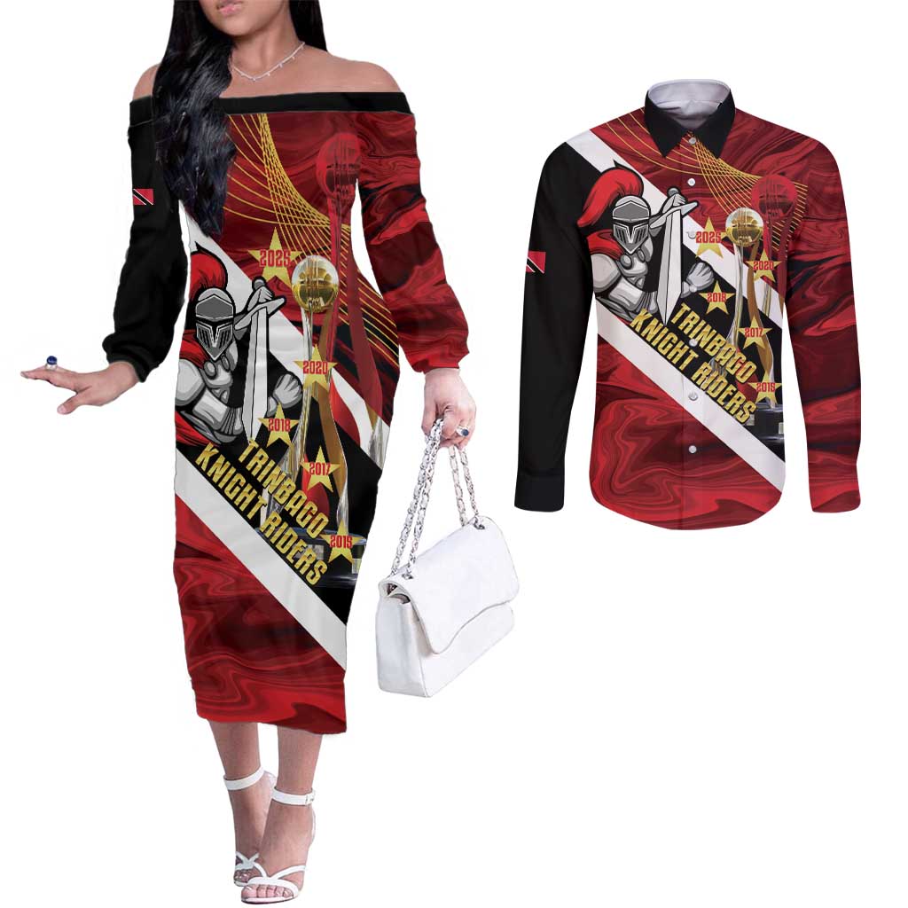 Trinidad and Tobago Cricket Personalized Couples Matching Off The Shoulder Long Sleeve Dress and Long Sleeve Button Shirt Trinbago Knight Riders Champions Trophy - Wonder Print Shop