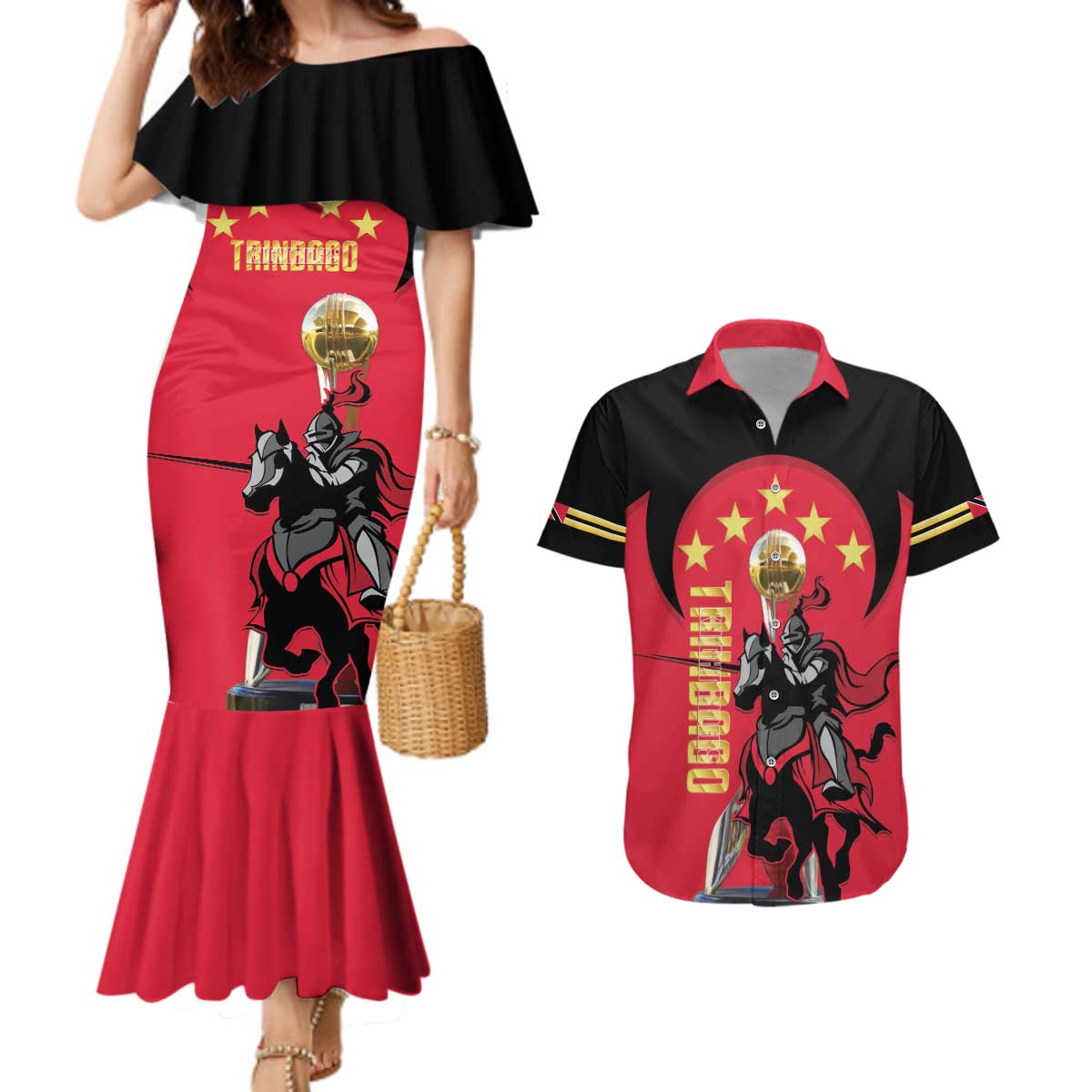 Trinidad and Tobago Cricket Personalized Couples Matching Mermaid Dress and Hawaiian Shirt Trinbago Knight Riders 5th Champions Proud - Wonder Print Shop