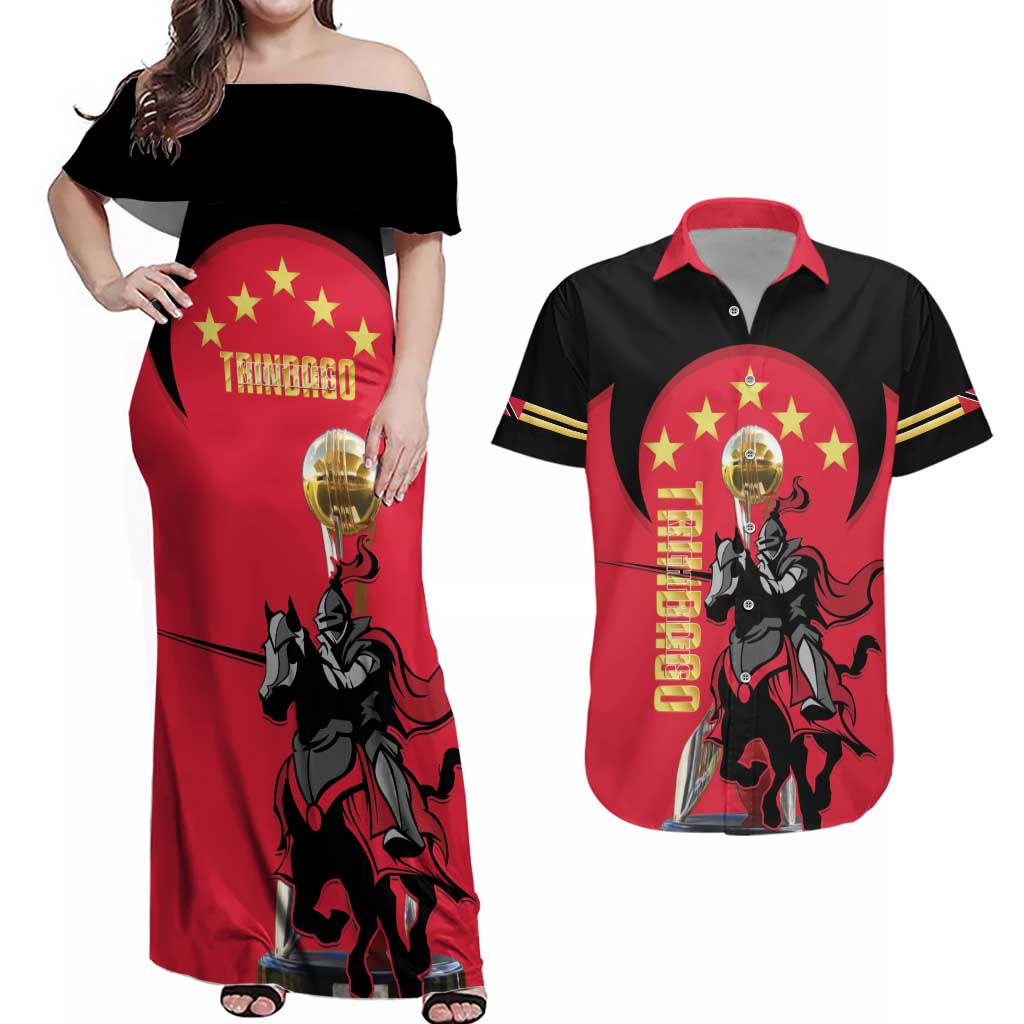 Trinidad and Tobago Cricket Personalized Couples Matching Off Shoulder Maxi Dress and Hawaiian Shirt Trinbago Knight Riders 5th Champions Proud - Wonder Print Shop