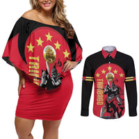 Trinidad and Tobago Cricket Personalized Couples Matching Off Shoulder Short Dress and Long Sleeve Button Shirt Trinbago Knight Riders 5th Champions Proud - Wonder Print Shop