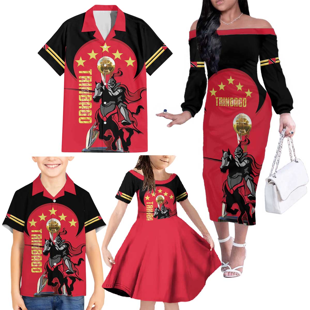 Trinidad and Tobago Cricket Personalized Family Matching Off The Shoulder Long Sleeve Dress and Hawaiian Shirt Trinbago Knight Riders 5th Champions Proud - Wonder Print Shop