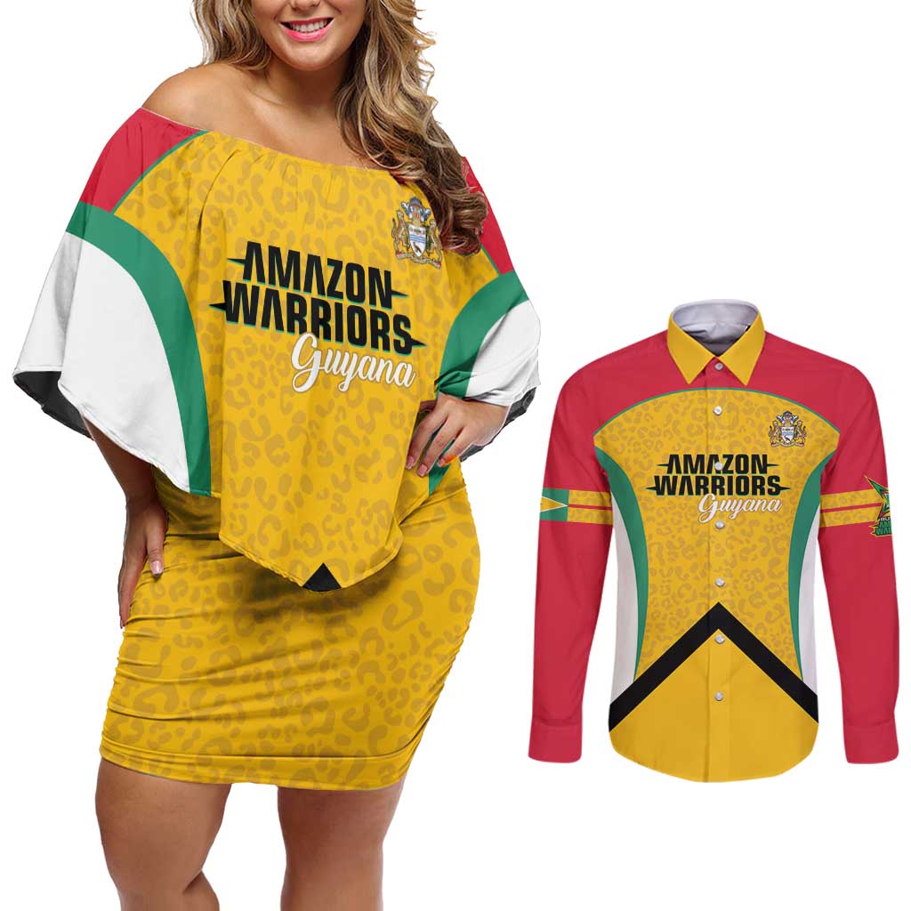 Guyana Cricket Custom Couples Matching Off Shoulder Short Dress and Long Sleeve Button Shirt Amazon Warriors Est 2013 Version - Wonder Print Shop
