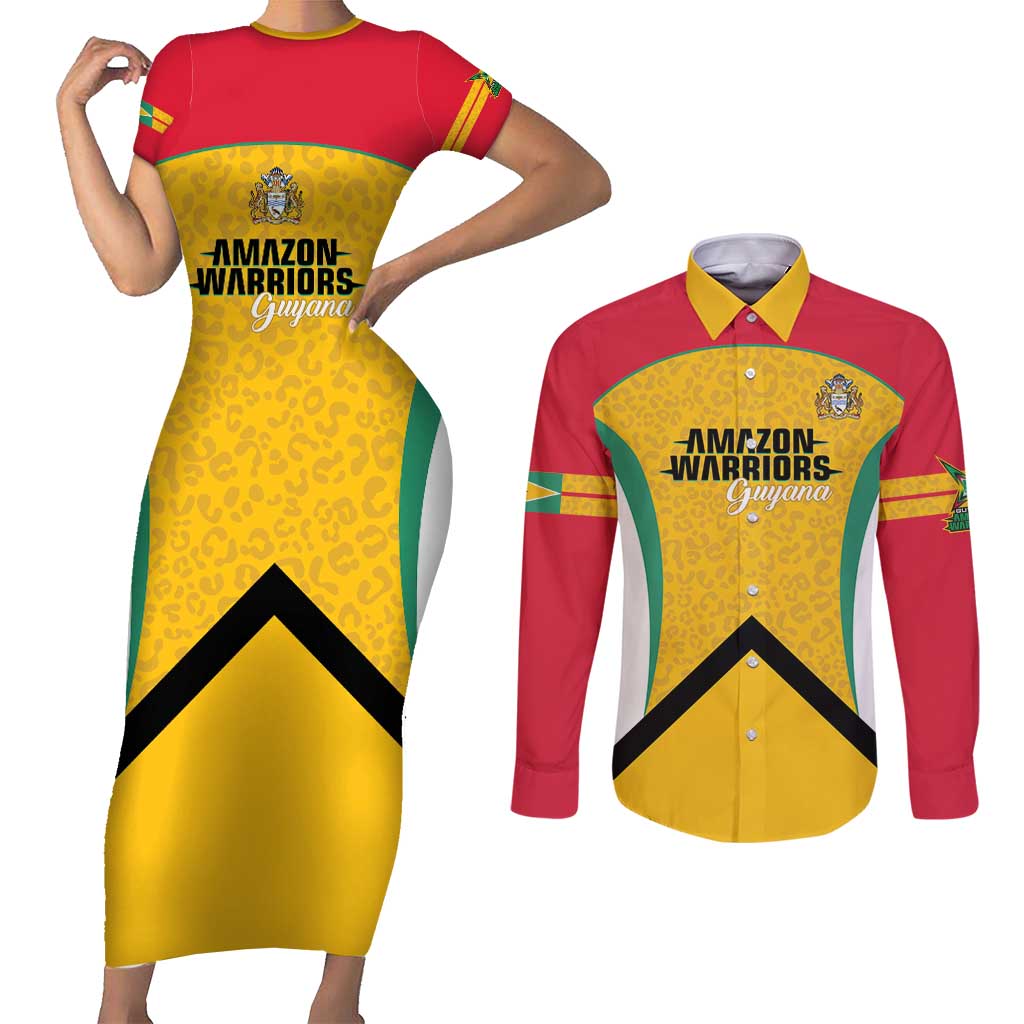 Guyana Cricket Custom Couples Matching Short Sleeve Bodycon Dress and Long Sleeve Button Shirt Amazon Warriors Est 2013 Version - Wonder Print Shop