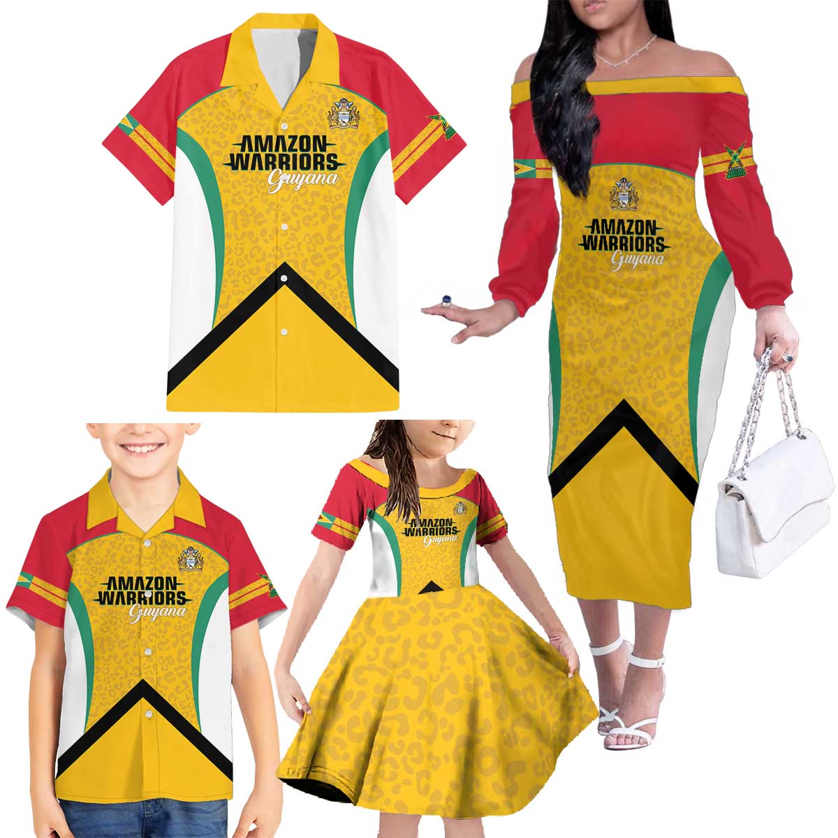 Guyana Cricket Custom Family Matching Off The Shoulder Long Sleeve Dress and Hawaiian Shirt Amazon Warriors Est 2013 Version - Wonder Print Shop