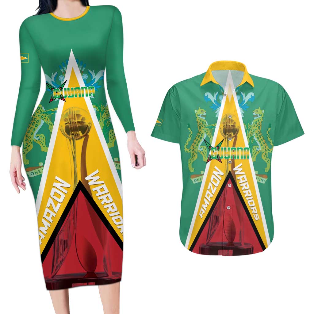 Custom Guyana Cricket Amazon Warriors Couples Matching Long Sleeve Bodycon Dress and Hawaiian Shirt Flag Style - Wonder Print Shop