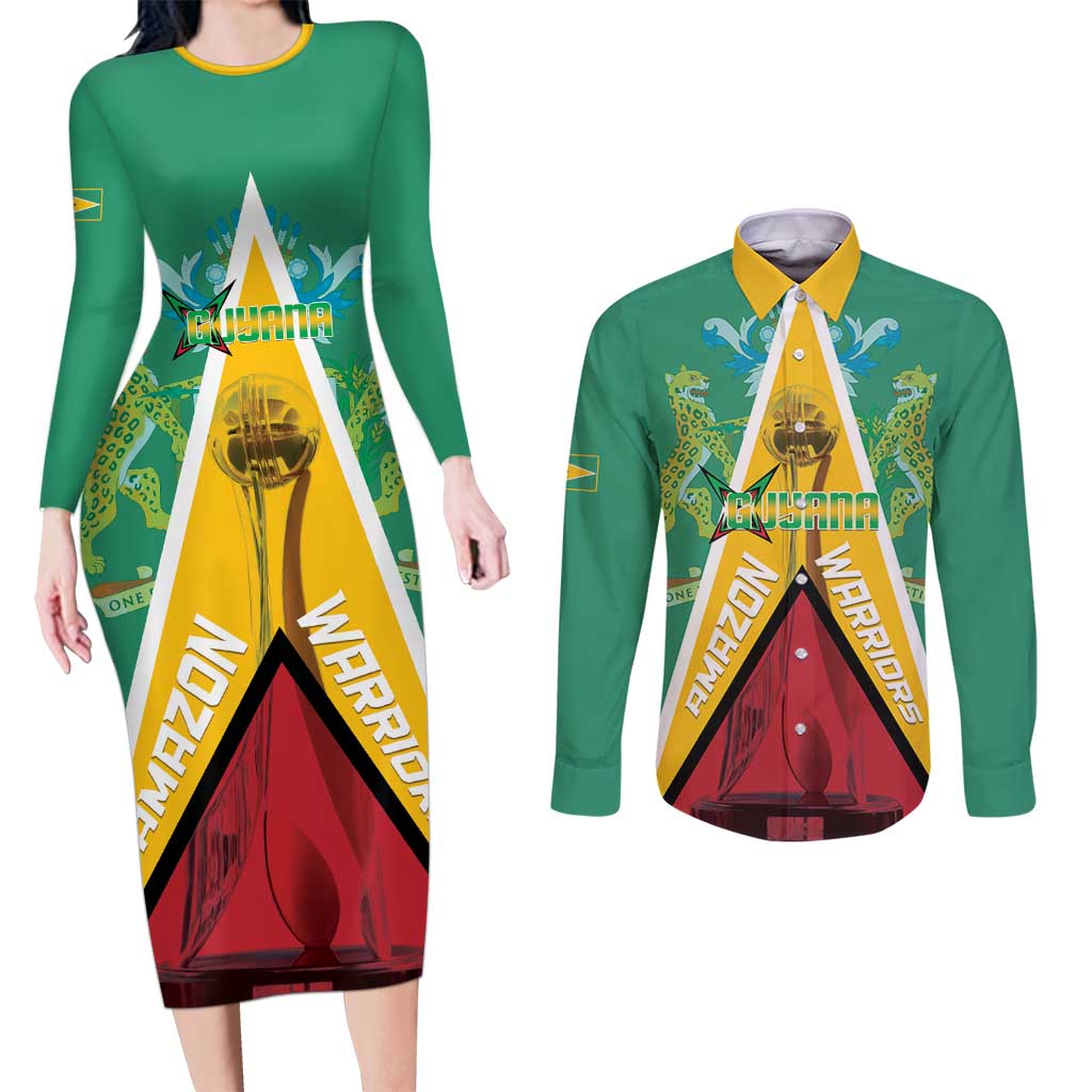 Custom Guyana Cricket Amazon Warriors Couples Matching Long Sleeve Bodycon Dress and Long Sleeve Button Shirt Flag Style - Wonder Print Shop