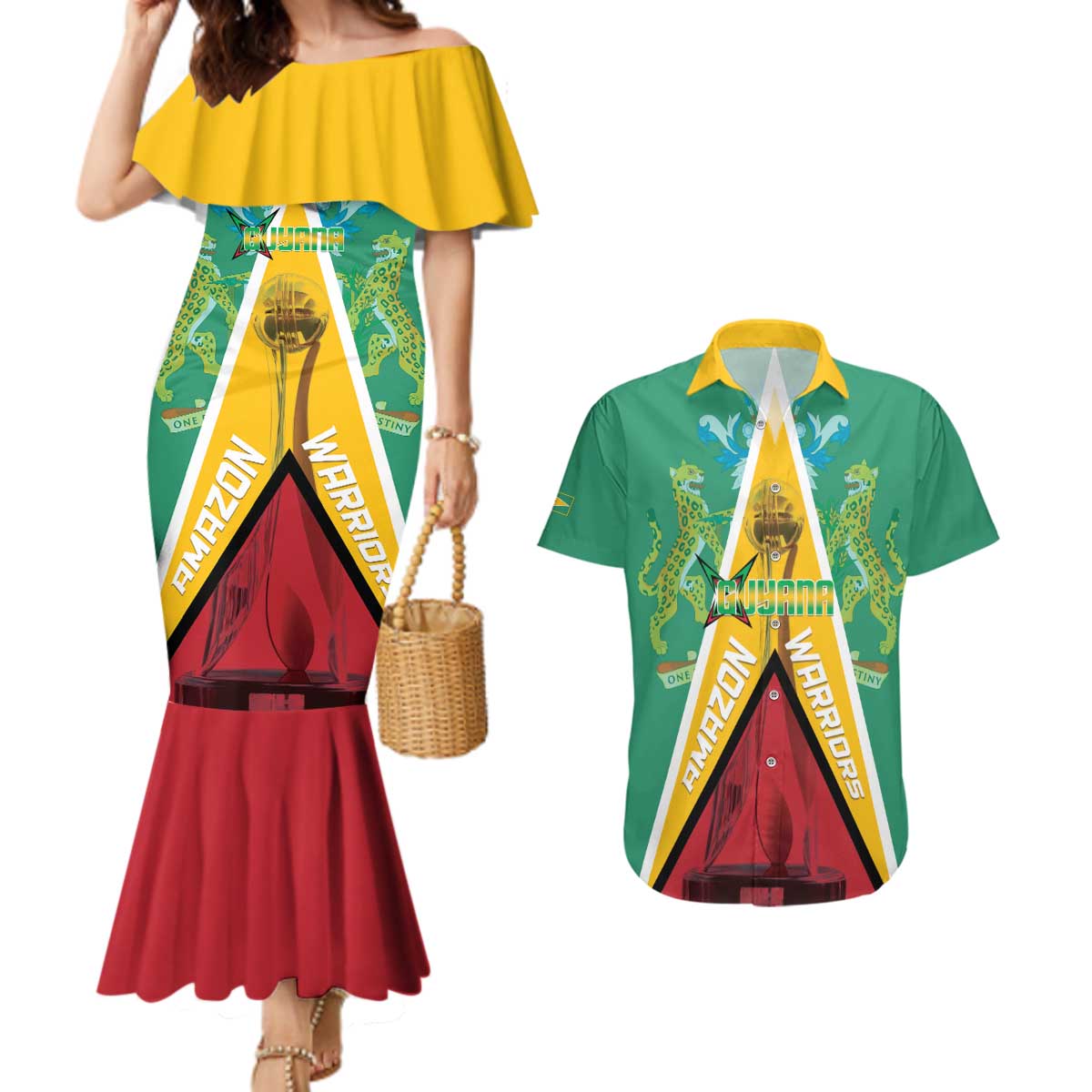 Custom Guyana Cricket Amazon Warriors Couples Matching Mermaid Dress and Hawaiian Shirt Flag Style - Wonder Print Shop
