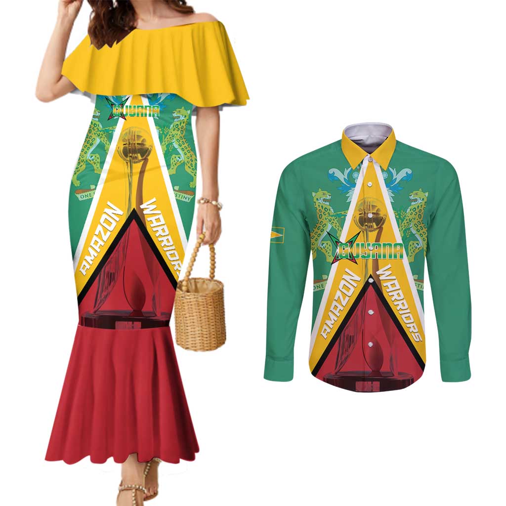 Custom Guyana Cricket Amazon Warriors Couples Matching Mermaid Dress and Long Sleeve Button Shirt Flag Style - Wonder Print Shop