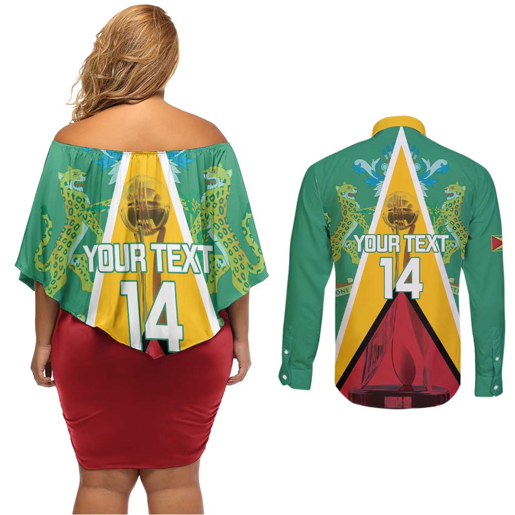 Custom Guyana Cricket Amazon Warriors Couples Matching Off Shoulder Short Dress and Long Sleeve Button Shirt Flag Style - Wonder Print Shop