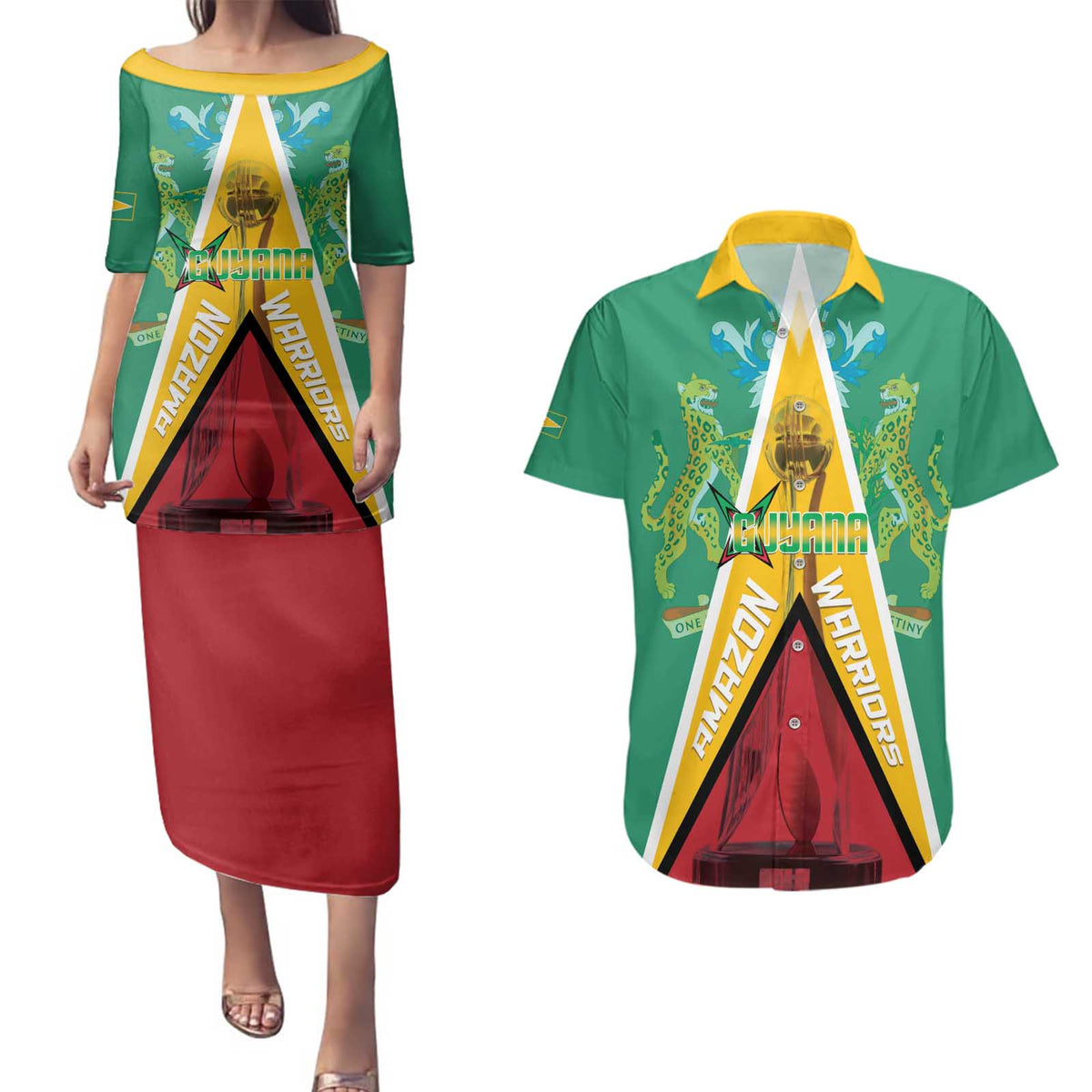 Custom Guyana Cricket Amazon Warriors Couples Matching Puletasi and Hawaiian Shirt Flag Style - Wonder Print Shop