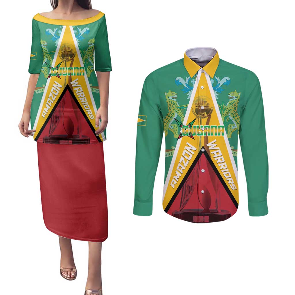 Custom Guyana Cricket Amazon Warriors Couples Matching Puletasi and Long Sleeve Button Shirt Flag Style - Wonder Print Shop