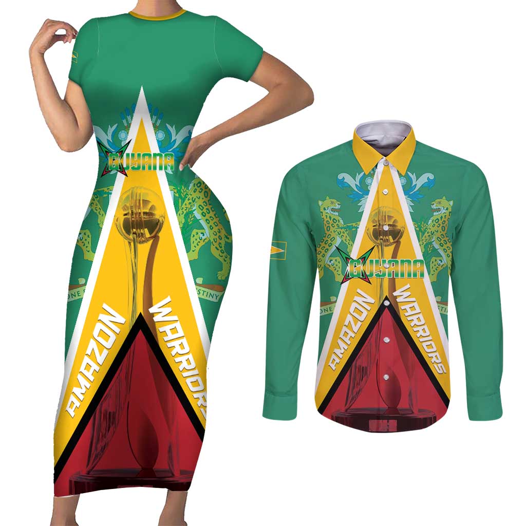 Custom Guyana Cricket Amazon Warriors Couples Matching Short Sleeve Bodycon Dress and Long Sleeve Button Shirt Flag Style - Wonder Print Shop