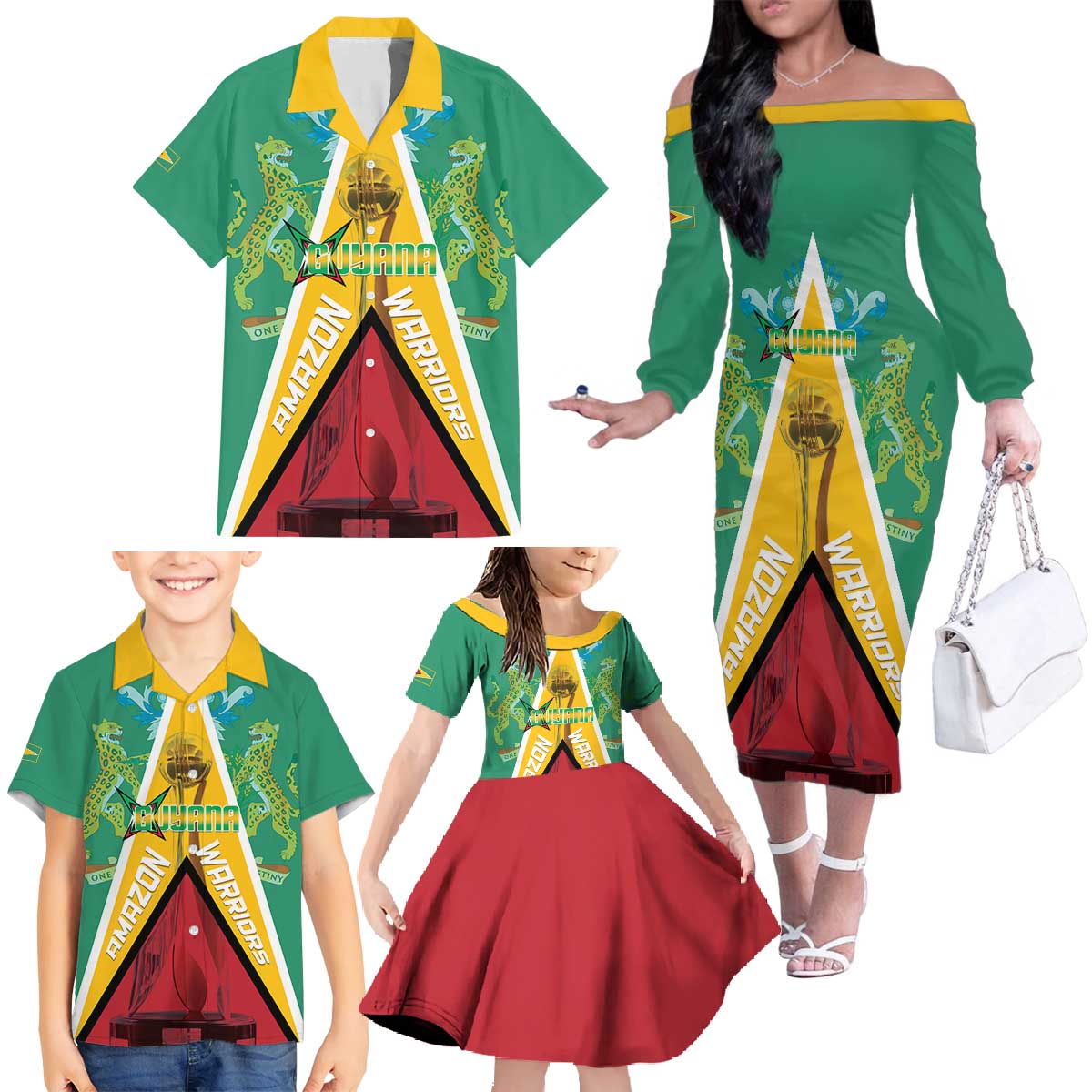 Custom Guyana Cricket Amazon Warriors Family Matching Off The Shoulder Long Sleeve Dress and Hawaiian Shirt Flag Style - Wonder Print Shop