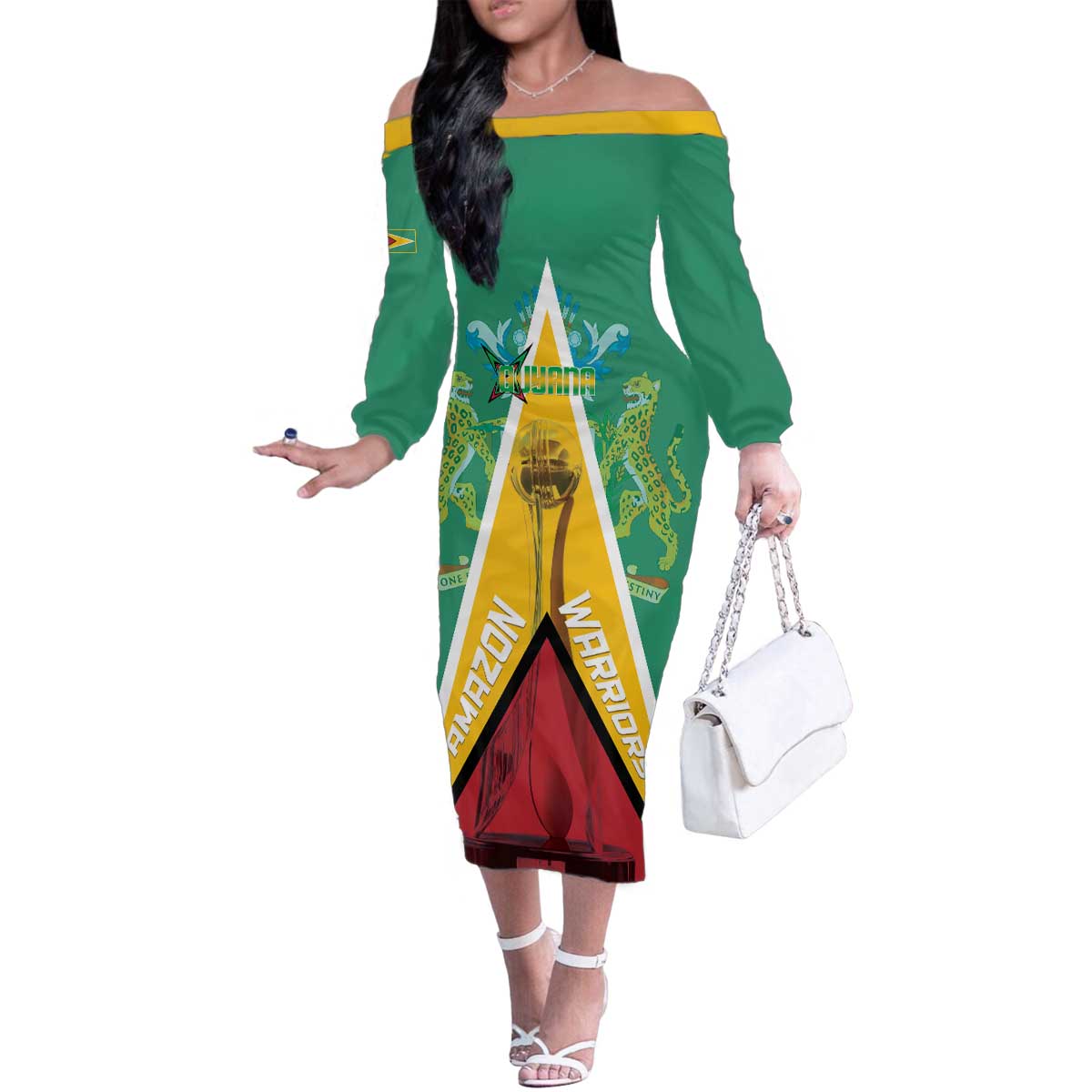 Custom Guyana Cricket Amazon Warriors Family Matching Off The Shoulder Long Sleeve Dress and Hawaiian Shirt Flag Style - Wonder Print Shop