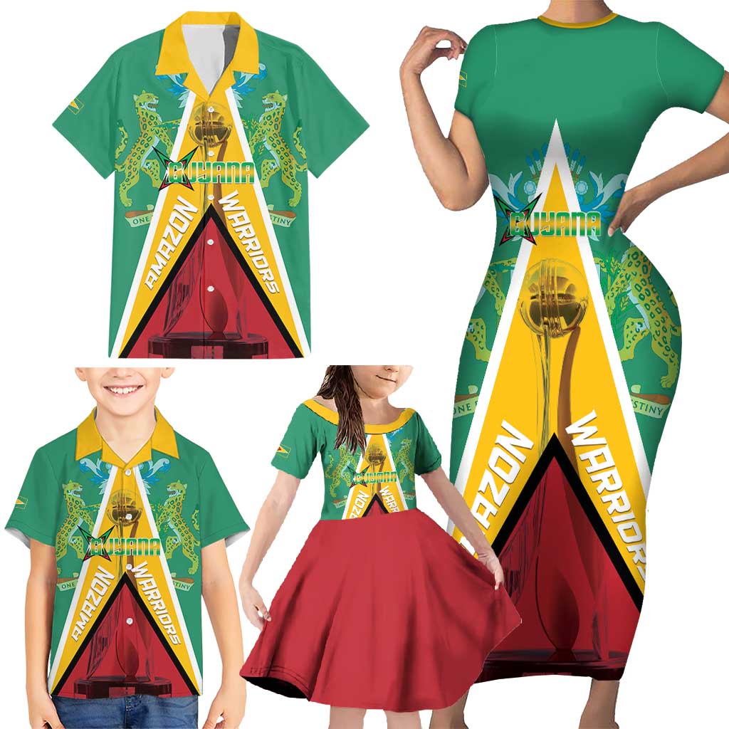 Custom Guyana Cricket Amazon Warriors Family Matching Short Sleeve Bodycon Dress and Hawaiian Shirt Flag Style - Wonder Print Shop