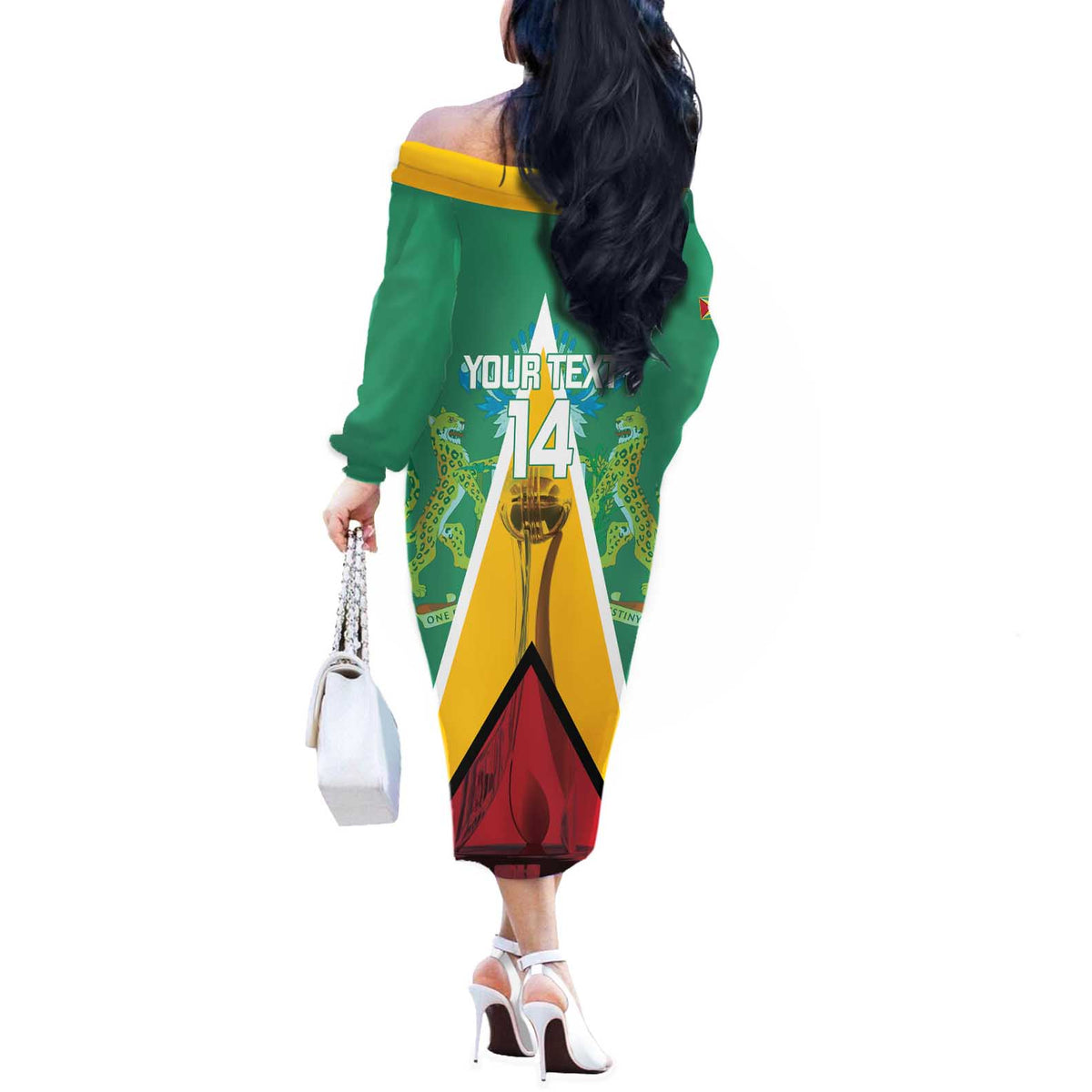 Custom Guyana Cricket Amazon Warriors Off The Shoulder Long Sleeve Dress Flag Style - Wonder Print Shop