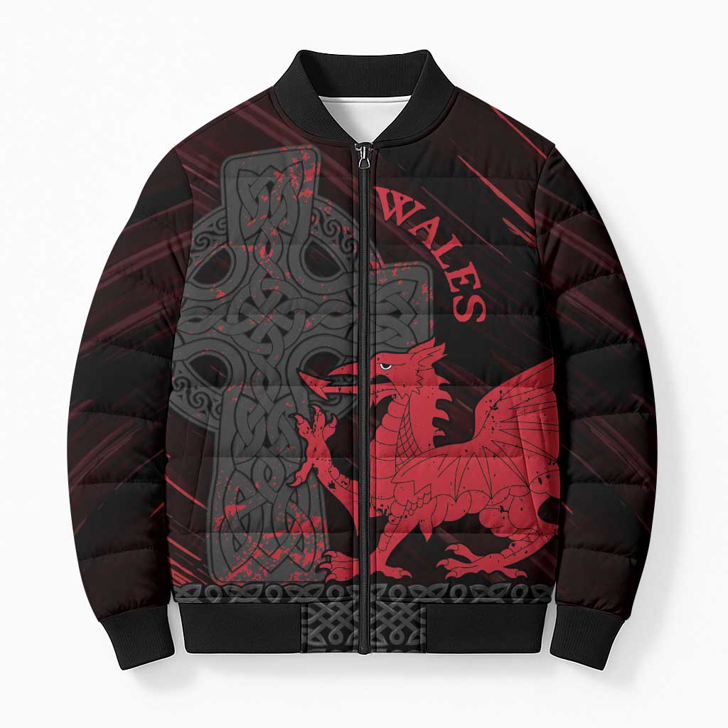 Wales Bomber Puffer Jacket Celtic Cross Welsh Red Dragon - Wonder Print Shop