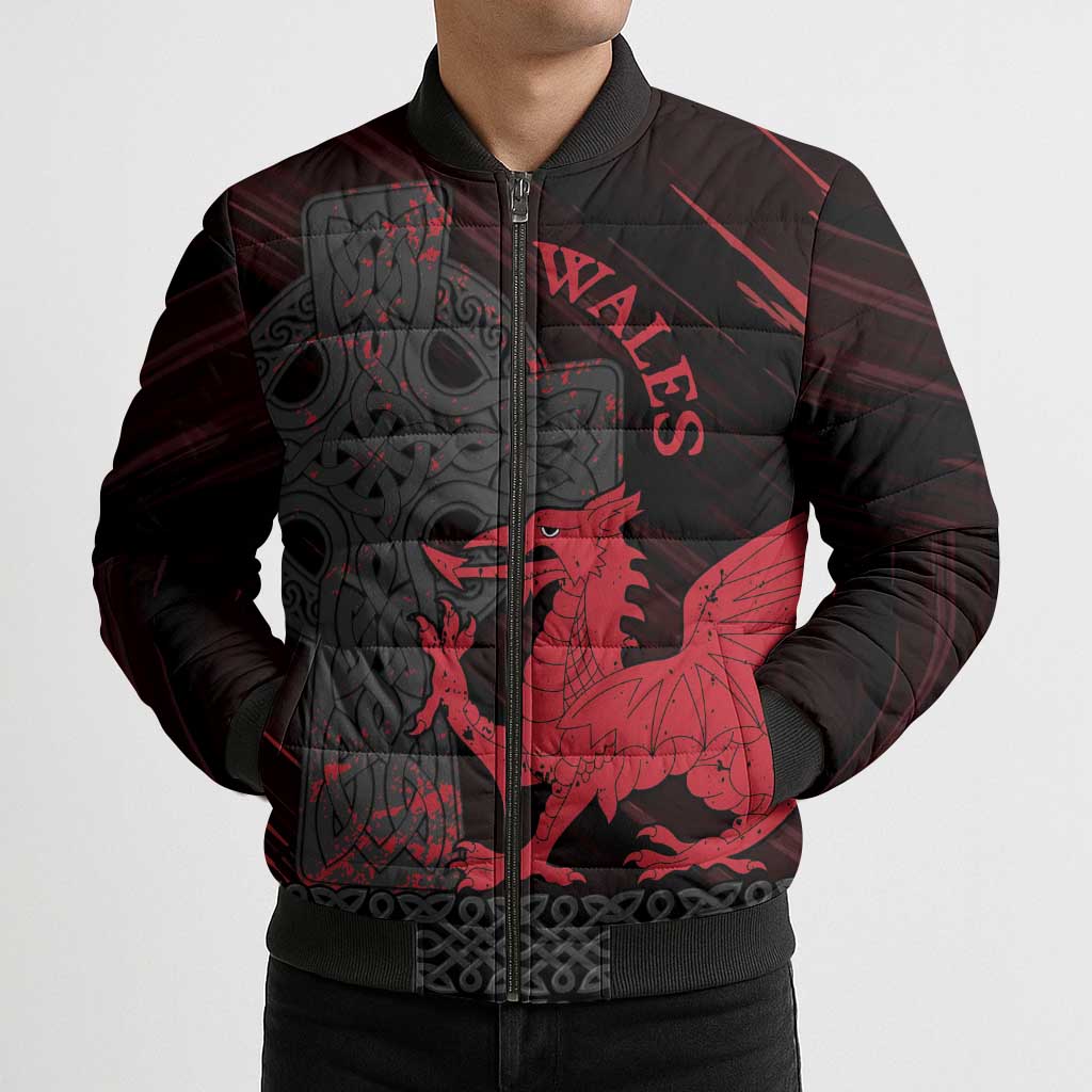 Wales Bomber Puffer Jacket Celtic Cross Welsh Red Dragon - Wonder Print Shop