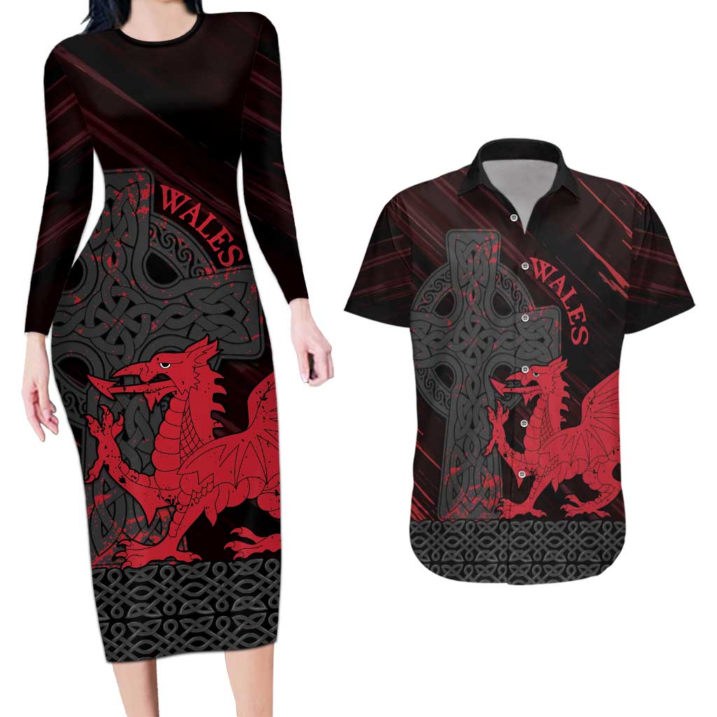 Wales Couples Matching Long Sleeve Bodycon Dress and Hawaiian Shirt Celtic Cross Welsh Red Dragon - Wonder Print Shop