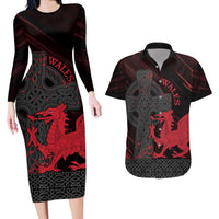 Wales Couples Matching Long Sleeve Bodycon Dress and Hawaiian Shirt Celtic Cross Welsh Red Dragon - Wonder Print Shop