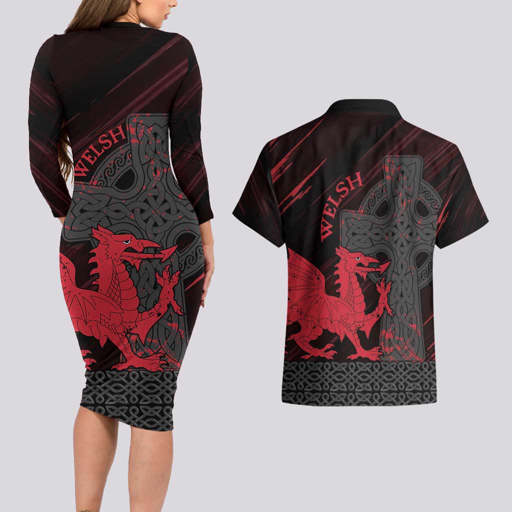 Wales Couples Matching Long Sleeve Bodycon Dress and Hawaiian Shirt Celtic Cross Welsh Red Dragon - Wonder Print Shop