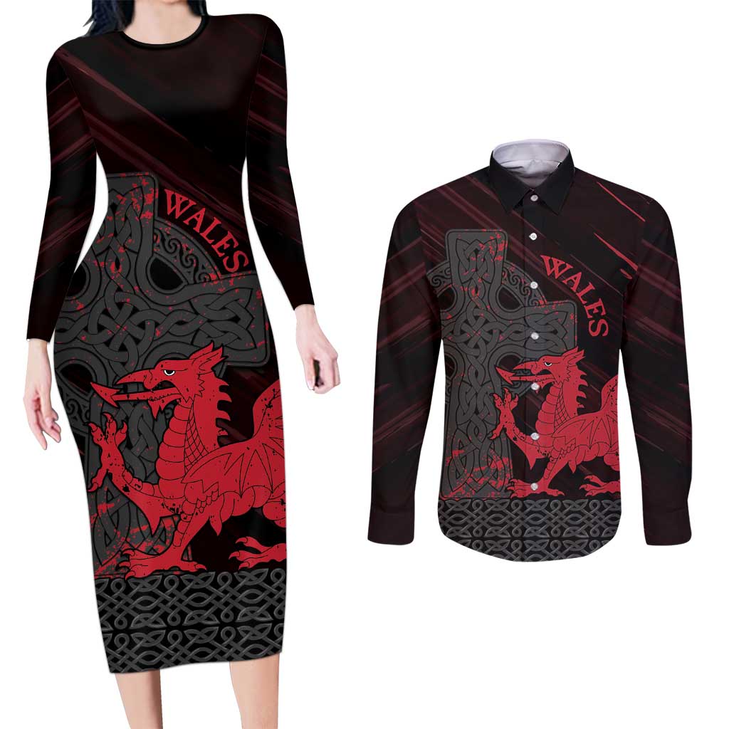 Wales Couples Matching Long Sleeve Bodycon Dress and Long Sleeve Button Shirt Celtic Cross Welsh Red Dragon - Wonder Print Shop