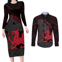 Wales Couples Matching Long Sleeve Bodycon Dress and Long Sleeve Button Shirt Celtic Cross Welsh Red Dragon - Wonder Print Shop