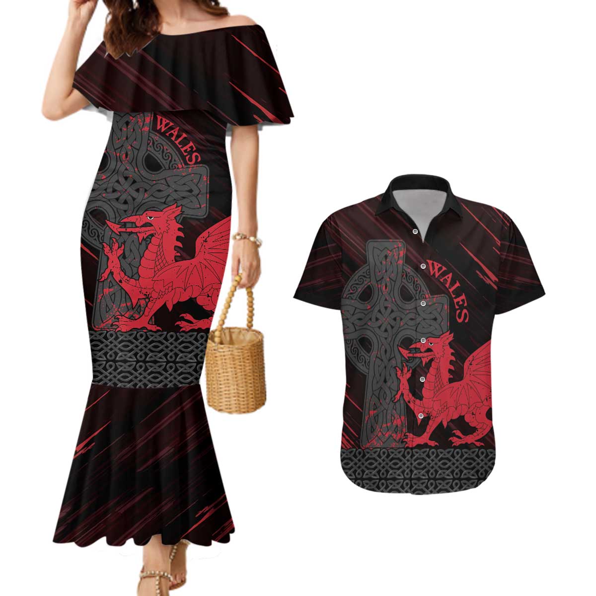 Wales Couples Matching Mermaid Dress and Hawaiian Shirt Celtic Cross Welsh Red Dragon - Wonder Print Shop