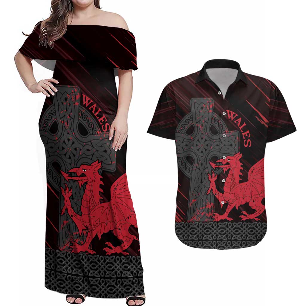 Wales Couples Matching Off Shoulder Maxi Dress and Hawaiian Shirt Celtic Cross Welsh Red Dragon - Wonder Print Shop