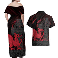 Wales Couples Matching Off Shoulder Maxi Dress and Hawaiian Shirt Celtic Cross Welsh Red Dragon - Wonder Print Shop