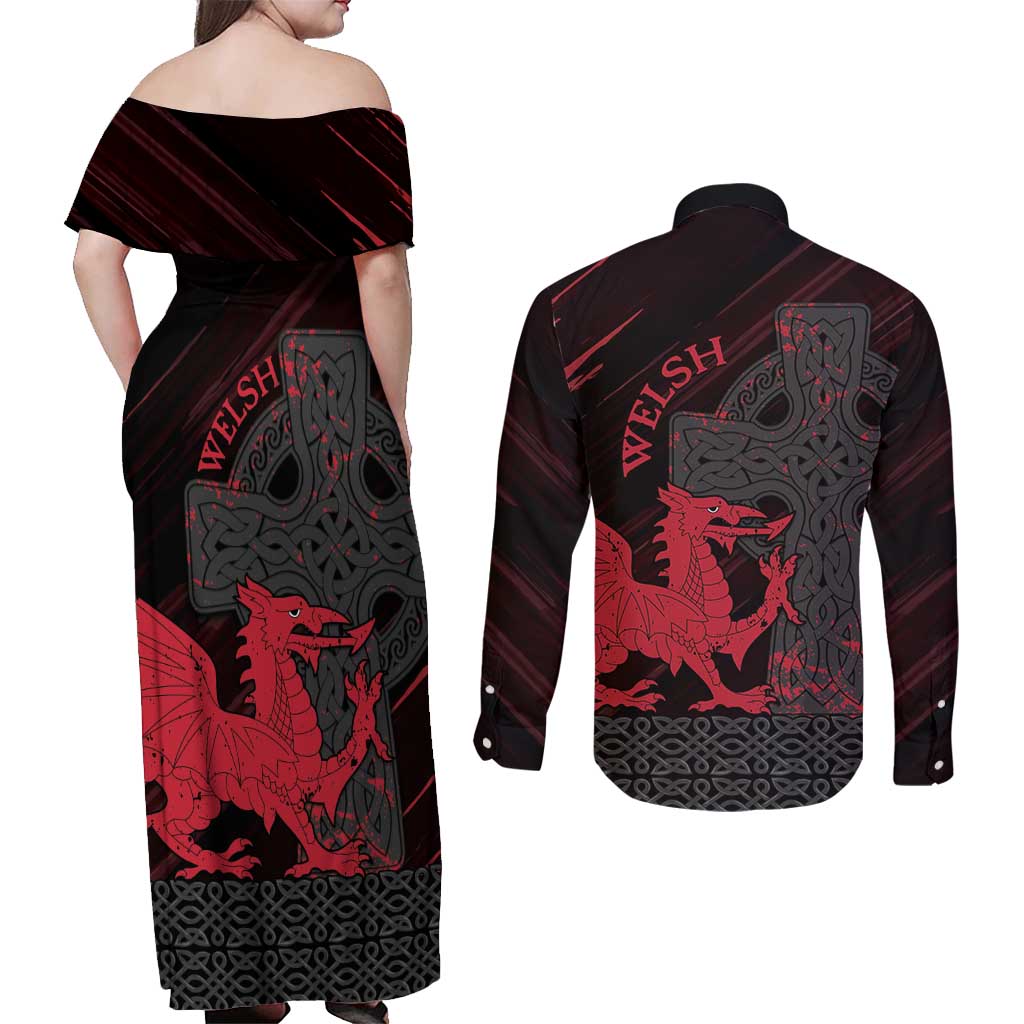 Wales Couples Matching Off Shoulder Maxi Dress and Long Sleeve Button Shirt Celtic Cross Welsh Red Dragon - Wonder Print Shop